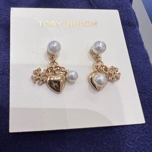 Tory Burch Gold Heart & Pearl Drop Earrings